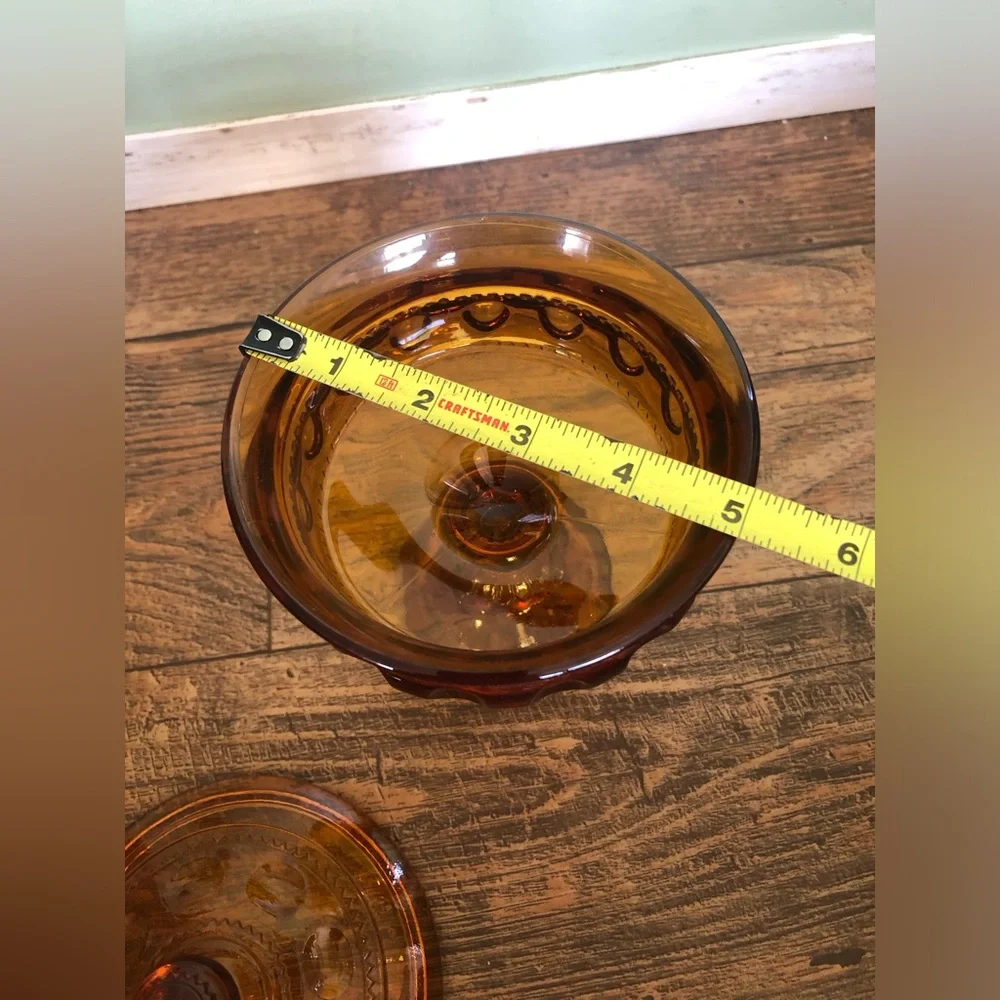 Indiana Glass Vtg 1950 Amber Kings Crown Thumbprint Pedestal Candy Dish W/ Lid
